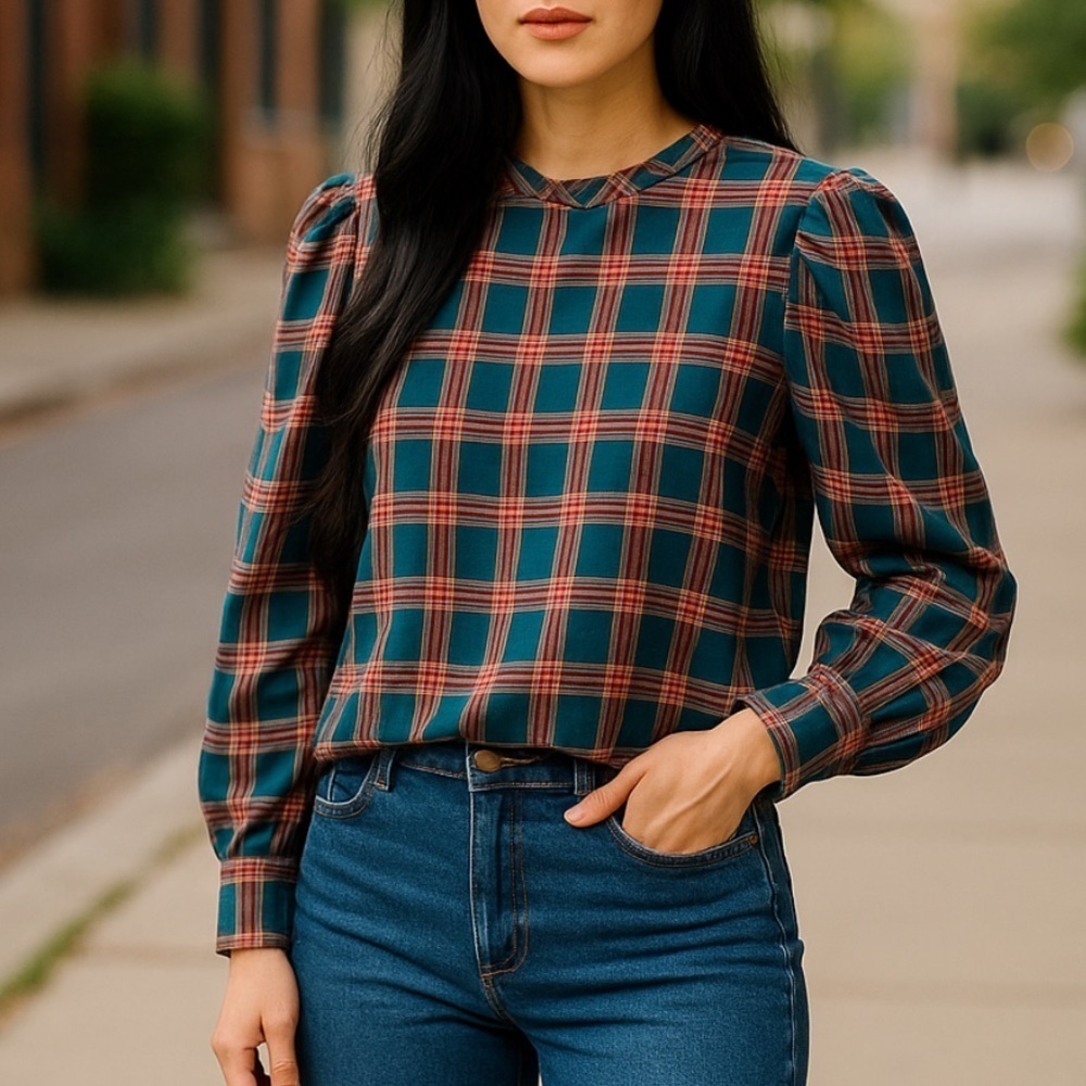 Essue plaid open v-back long sleeve blouse s